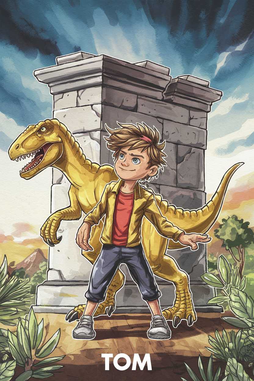 The cover is vibrant, cheerful, and visually appealing (18/20). The characters—a heroic child and a golden dinosaur—are endearing and stylized in a way that should appeal to children (18/20). The composition is clear, dynamic, and well organized for a child-aged audience (17/20). There are few inconsistencies, though the dinosaur’s teeth might be slightly sharp for very young readers (17/20). The name 'TOM' is present prominently in a bold, child-friendly typeface, although placing it in a more integrated position within the artwork might improve cohesion (17/20).