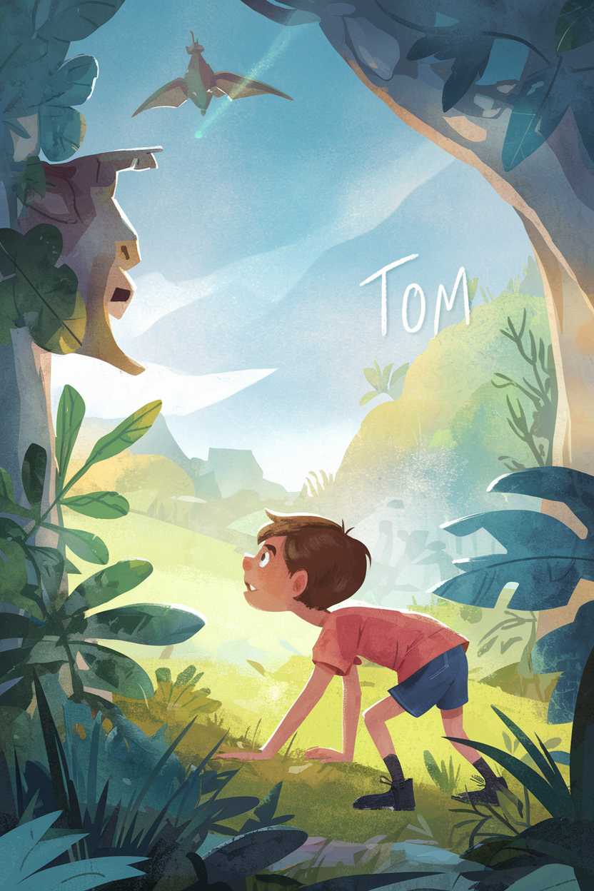 The cover is vibrant, colorful, and cheerful with a whimsical prehistoric setting. The characters are expressive and endearing without being scary, and the composition is well organized for a young child's attention span.