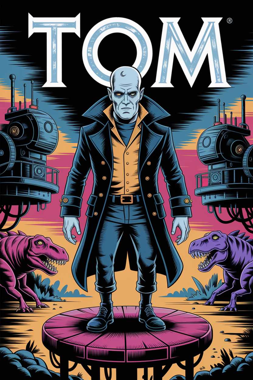 The cover has strong graphic quality with bold colors and a clear title that includes the name 'Tom' (16/20 for typography inclusion). However, the overall tone is dark and menacing. The central character looks intimidating and not child-friendly, with a stern expression and gothic appearance (4/20 for endearing characters). Although the layout is fairly organized, the elements may overwhelm a young viewer (10/20 for visual clarity). There are aesthetic inconsistencies in blending prehistoric elements with futuristic machinery that might be confusing (6/20 for consistency). Lastly, while colorful, the palette and mood are not cheerful or engaging for children (6/20 for appeal).